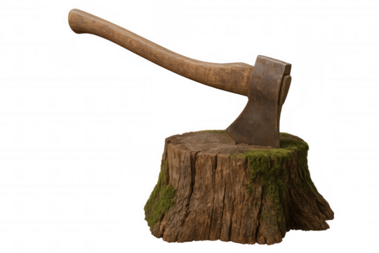 Old rusted axe stuck in moss covered wood tree stump, chopping and lumberjack tool, transparent background