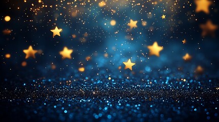 Golden stars falling on a blue glitter background creating a magical and festive atmosphere