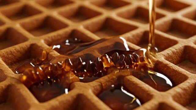 Sweet syrup pours onto warm breakfast waffle, filling grid pattern.