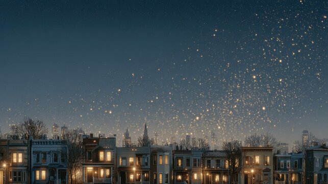 Starry night sky illuminated by shimmering lights over serene to