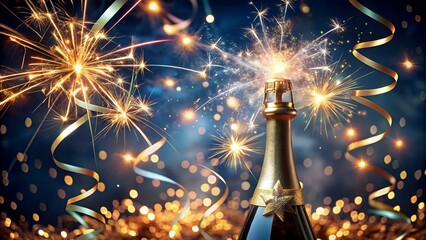 Champagne bottle with sparklers and ribbons for new years eve celebration