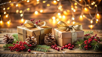 Christmas presents with golden bows and pine cones on a wooden surface