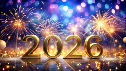 Golden 2026 new year celebration with fireworks and bokeh lights display