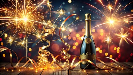 Festive new year celebration with champagne, fireworks, and golden ribbons