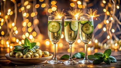 Festive new year celebration with champagne, sparklers, and chocolate treats