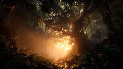 Mystical jungle trail bathed in golden sunlight invites adventure and exploration, ideal for travel bloggers, nature enthusiasts, and adventure campaigns