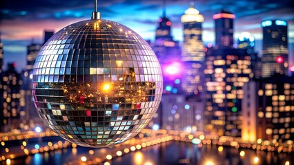 Disco ball reflecting city skyline at night with illuminated buildings