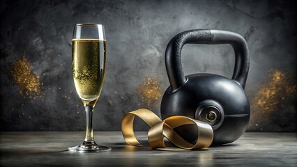 New years resolution with champagne, kettlebell and golden ribbon on table