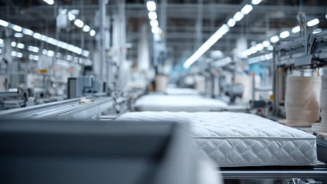 A detailed shot of a quilted white mattress on a factory production line