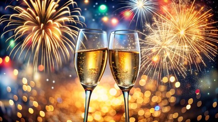 Champagne glasses toast against a backdrop of celebratory fireworks