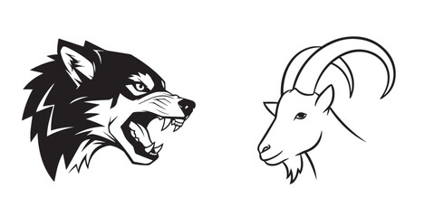 Monochrome Vector Illustration of Roaring Wolf and Peaceful Goat Heads