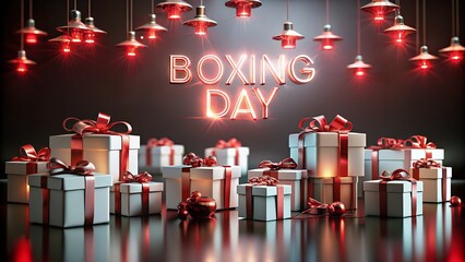 A festive display of boxing day gifts with glowing neon sign above them