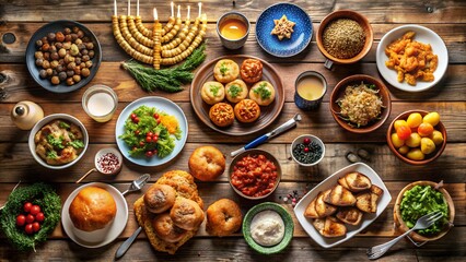 Overhead view of hanukkah feast with traditional dishes on wooden table