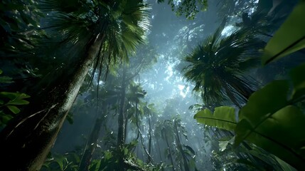 Explore a vibrant jungle with lush green foliage, towering palm trees and sunlight filtering through the canopy, perfect for adventure and nature themes