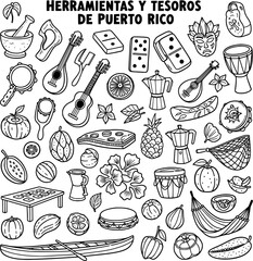 Hand-drawn outline illustration of Puerto Rican cultural treasures: traditional instruments, food, games, masks, and nature elements in a doodle style.