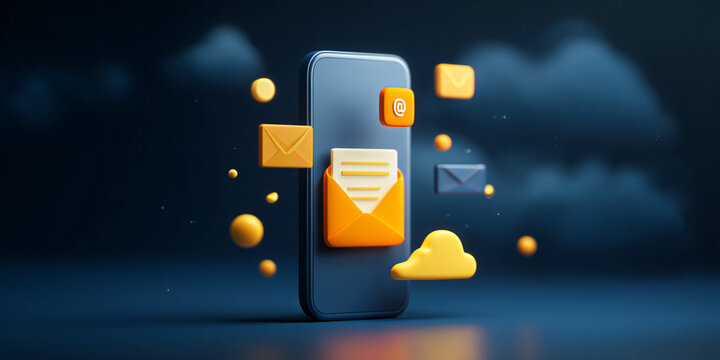 3D illustration of a mobile phone screen displaying an email icon, with floating digital icons above it, minimalistic style on a dark blue background