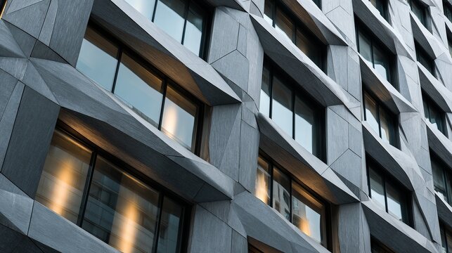 Modern geometric facade of a building with reflective windows and stunning architectural design