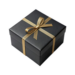 Elegant black gift box with gold ribbon isolated on transparent background