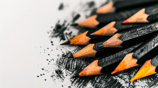 "A striking array of sharpened black pencils with warm wooden tips converges over a scattering of graphite dust and bold charcoal strokes, symbolizing artistic creation and potential."