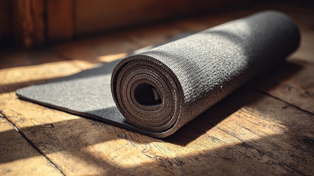 Rolled yoga mat on wooden floor bathed in sunlight, perfect for wellness, fitness, and relaxation