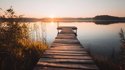 Obraz premium Wooden pier extends onto a calm lake at sunrise with warm golden light.