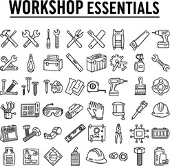 Workshop Essentials: Hand-Drawn Collection of Tools and Equipment Icons