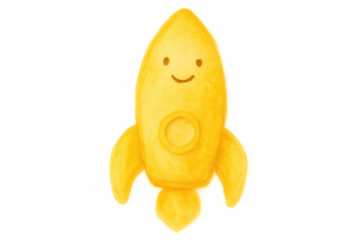 Yellow cartoon rocket with smiling face watercolor drawing, cute spaceship graphic on transparent background