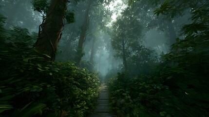 Lush, mystical forest pathway with sunlight filtering through the trees, evoking a sense of peace and natural beauty