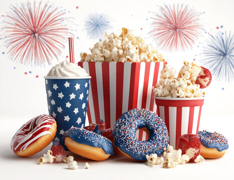 3D realistic clip art of patriotic food with popcorn, soda, and doughnuts in red, white, and blue colors, with fireworks in the background