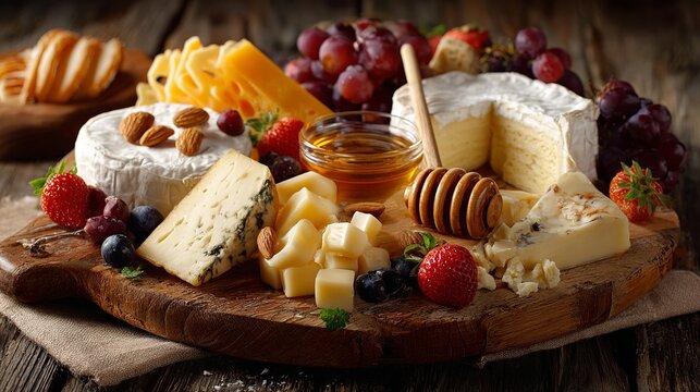 Artisan cheese and fruit platter with honey, perfect for gourmet food, wine pairing, and culinary delights