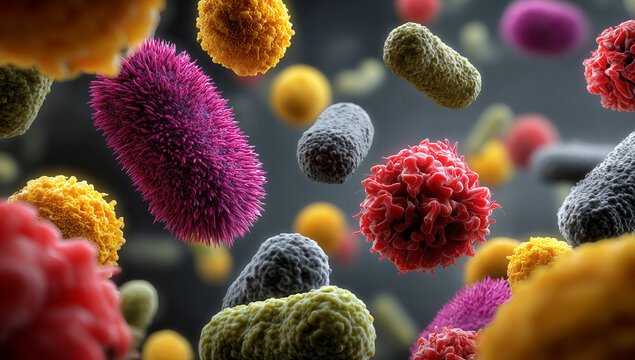 3D rendering of abstract bacteria with a grey patterned background, representing microbiology in a conceptual online perspective, created in a vector illustration art style
