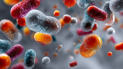 3D rendering of abstract bacteria with a grey patterned background, representing microbiology in a conceptual online perspective, created in a vector illustration art style