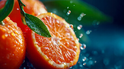 Fresh orange slices splashing with water drops on a wooden surface