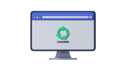 Modern 3D rendered computer screen displaying loading animation, representing website updates and digital progress, perfect for tech and business.