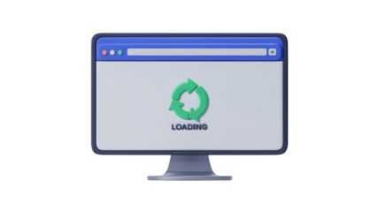 Modern 3D rendered computer screen displaying loading animation, representing website updates and digital progress, perfect for tech and business.