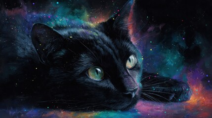 Close-up painting of a black cat against a colorful, nebulous, starry backdrop