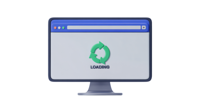 Modern 3D rendered computer screen displaying loading animation, representing website updates and digital progress, perfect for tech and business.