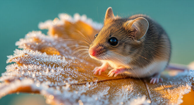 Macro image of a tiny field mouse on a frozen gold leaf