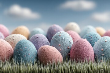Floating easter eggs over a grassy field under the blue sky create a festive holiday atmosphere