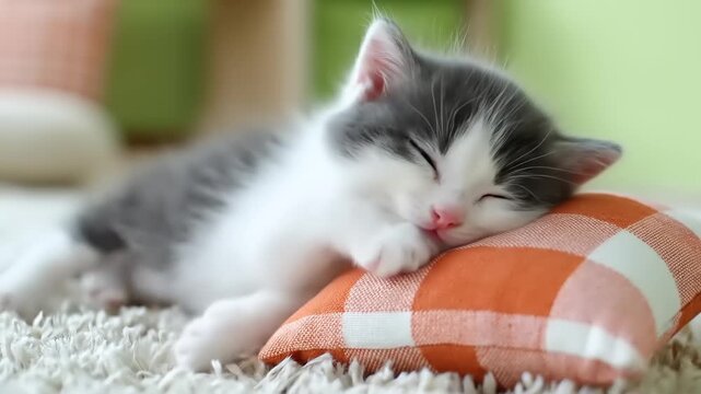 A serene kitten rests on a plaid pillow, eyes closed, soft fur, fluffy rug in blurred background
