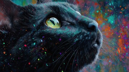Detailed painted view of a black cat against a vibrant colorful abstract background