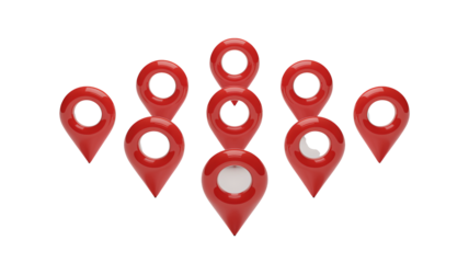 Red location markers indicating multiple destinations, perfect for travel, marketing, and navigation concepts, showcasing a network of places to explore