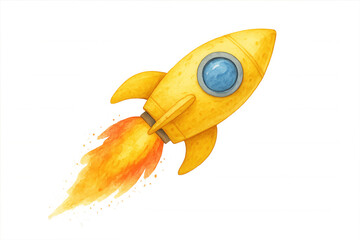 Yellow watercolor rocket launching into space, representing startup success, growth, and new business projects