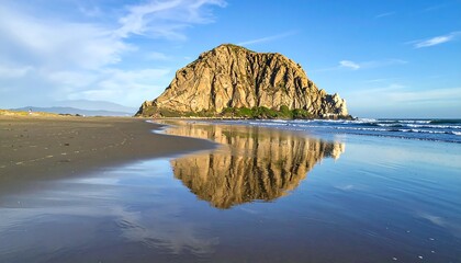 Majestic rock formation reflected in the wet sand at low tide
