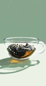 Rewritten title:
A cat sleeping in a transparent cup floating on the moon, with striped tea pouring inside, set against a light green and white minimalist background, dreamy and surreal style.