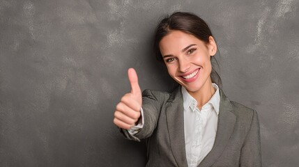 Smiling businesswoman gives thumbs up, exuding confidence and approval, perfect for success concepts