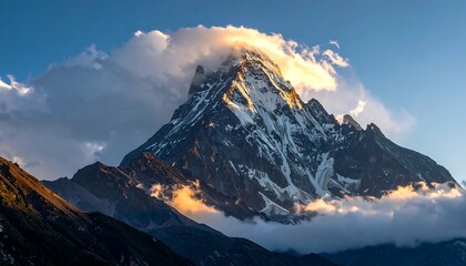 Majestic mountain peak with clouds illuminated by sunlight