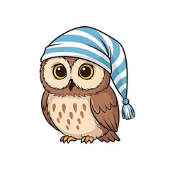 Fototapeta premium Cute cartoon baby owl wearing a blue and white striped sleeping hat. Adorable bird mascot illustration isolated on white.