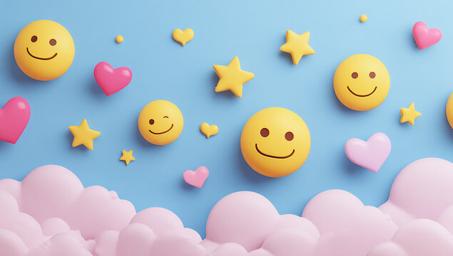 A collection of smiling emojis, including hearts and stars, floating in the air above soft clouds against a blue background, cheerful and playful style.