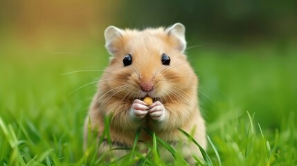 Fototapeta premium Cute Hamster Holding Nut Sitting in Green Grass Outdoors